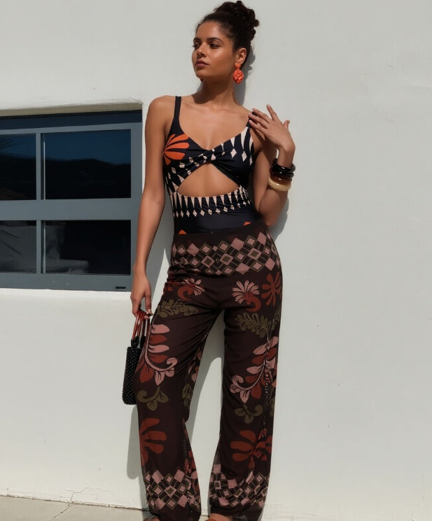 Swimsuit Set Sleeveless Top W/ Wide Leg Pants