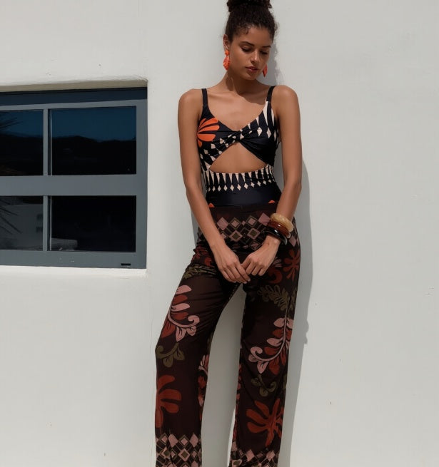 Swimsuit Set Sleeveless Top W/ Wide Leg Pants
