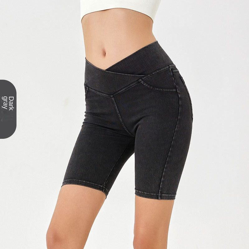 High-Waist Stretch Denim W/ Pockets Fitness Shorts