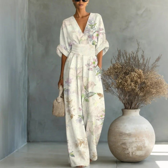 Waist Hug V-Neck Printed Wide Leg Jumpsuit
