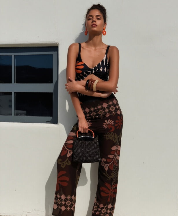 Swimsuit Set Sleeveless Top W/ Wide Leg Pants
