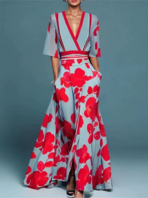 Deep V-Neck Belted Print Dress