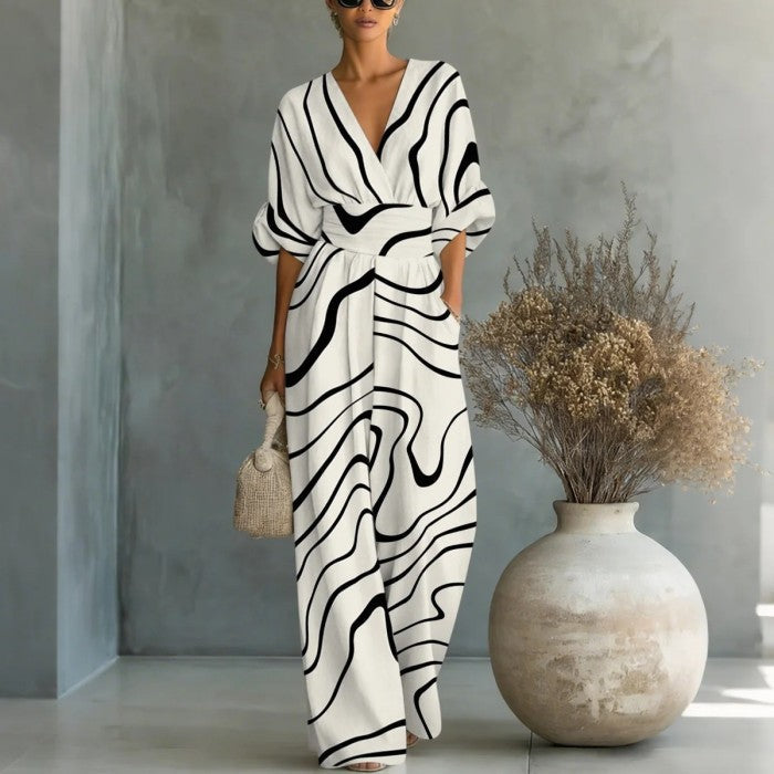 Waist Hug V-Neck Printed Wide Leg Jumpsuit