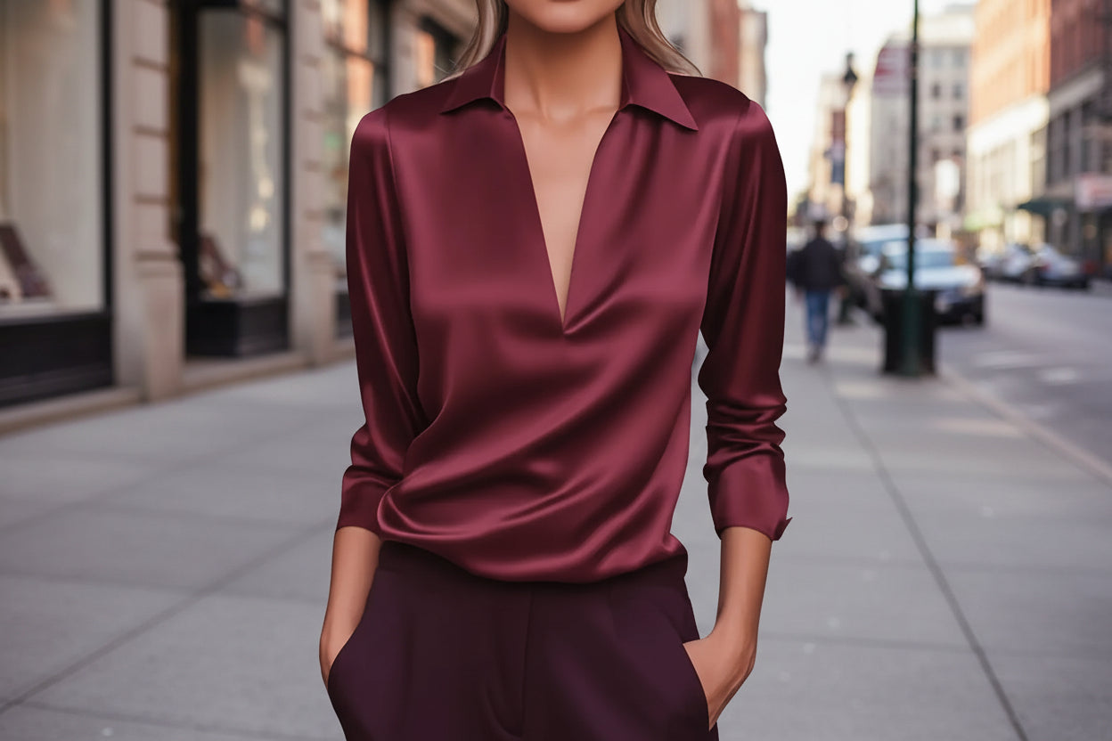 Elegant V-Neck Blouse Satin Sheen Sleeved Shirt