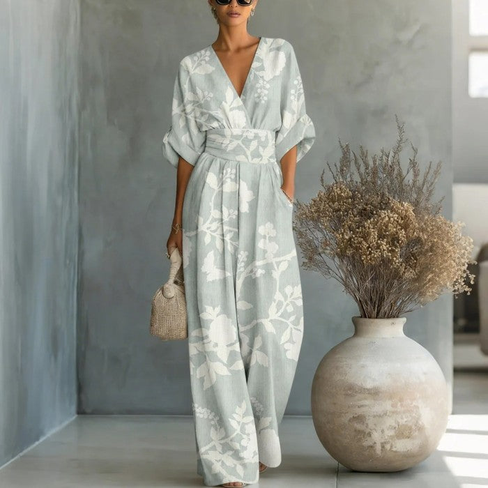 Waist Hug V-Neck Printed Wide Leg Jumpsuit