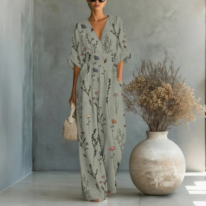 Waist Hug V-Neck Printed Wide Leg Jumpsuit