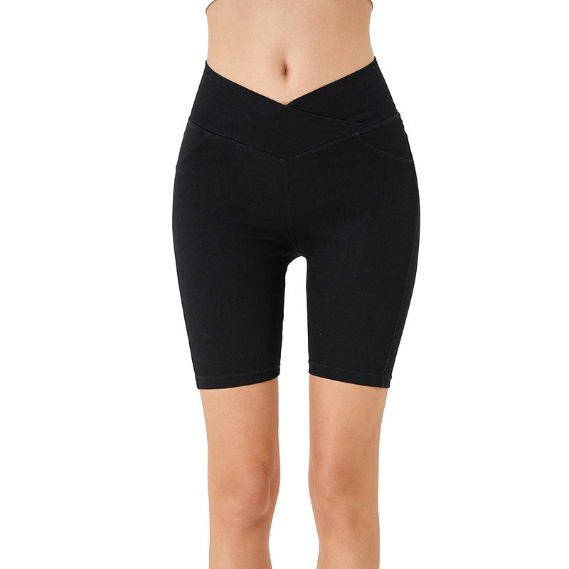 High-Waist Stretch Denim W/ Pockets Fitness Shorts