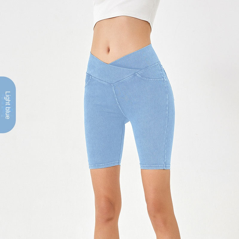 High-Waist Stretch Denim W/ Pockets Fitness Shorts