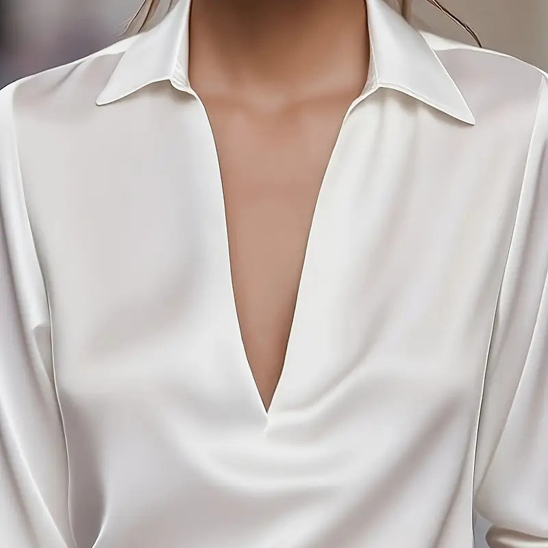 Elegant V-Neck Blouse Satin Sheen Sleeved Shirt