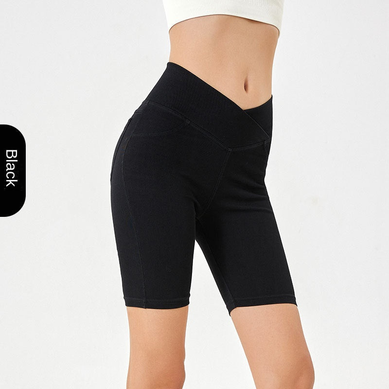 High-Waist Stretch Denim W/ Pockets Fitness Shorts