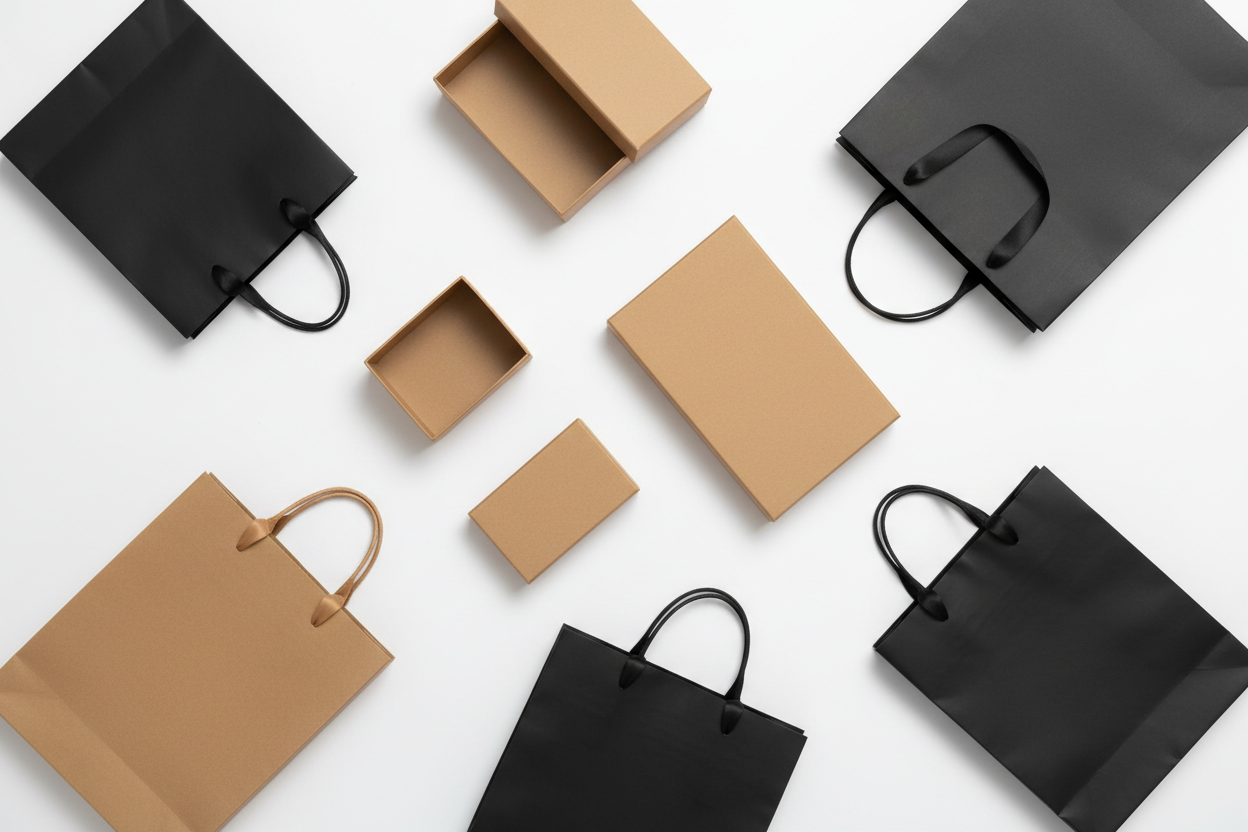 All black and tan bags and boxes together