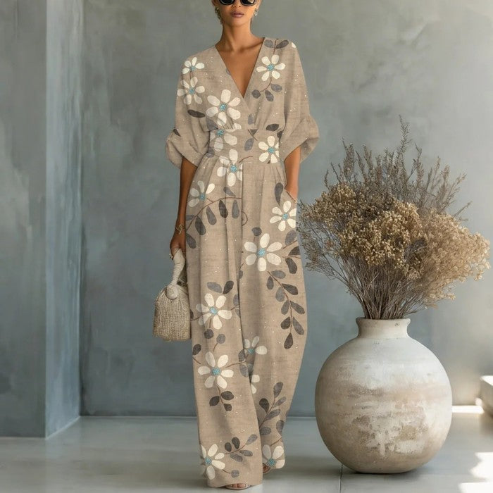 Waist Hug V-Neck Printed Wide Leg Jumpsuit