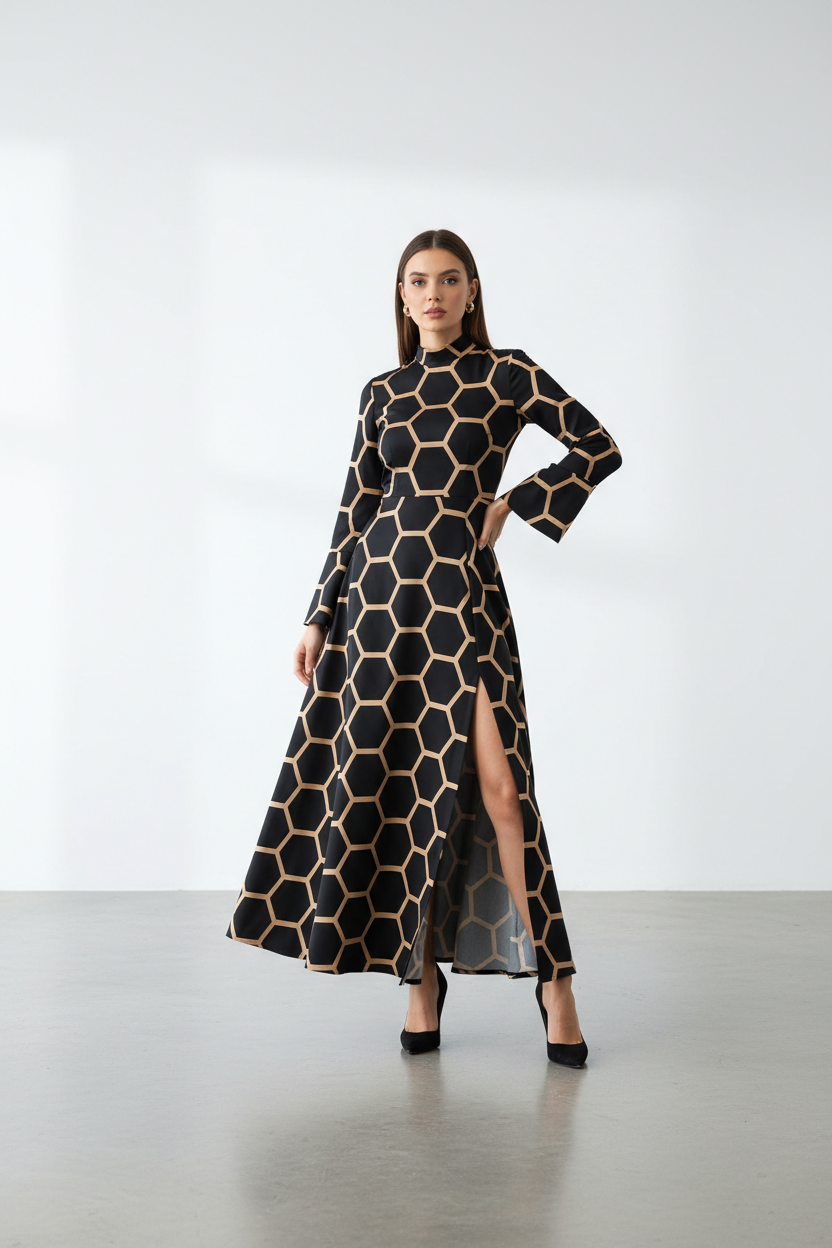 Black and Tan Hexagonal Pattern Dress