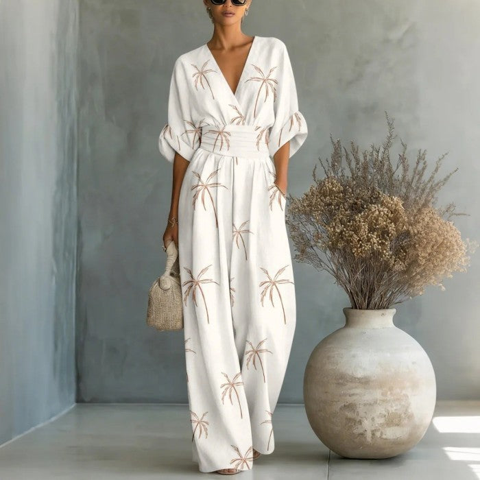 Waist Hug V-Neck Printed Wide Leg Jumpsuit