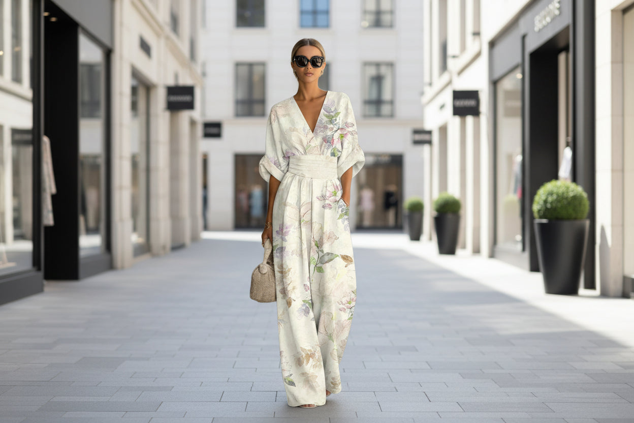 Waist Hug V-Neck Printed Wide Leg Jumpsuit