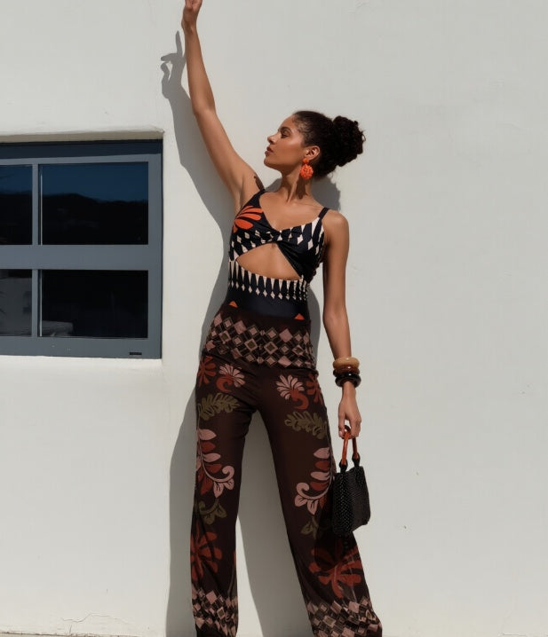 Swimsuit Set Sleeveless Top W/ Wide Leg Pants